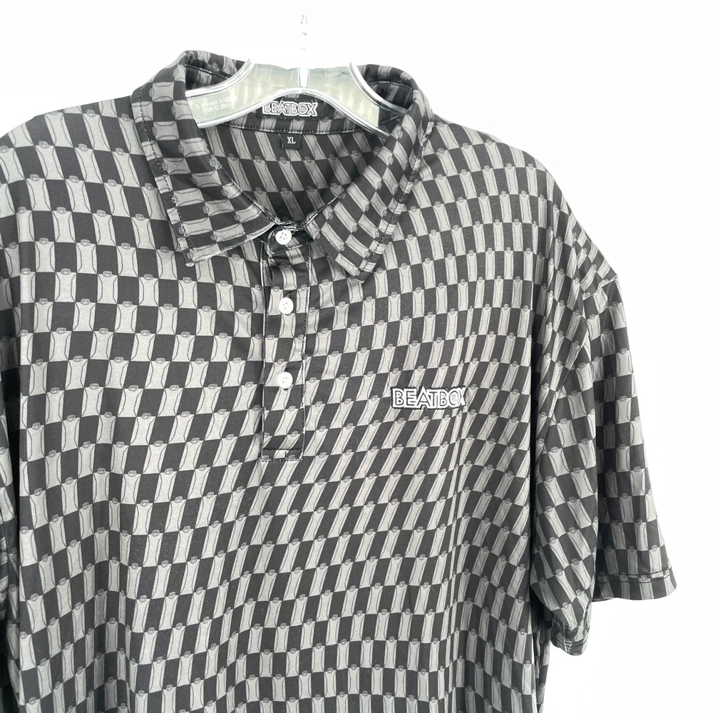 Beatbox Mens XL Gray Black Geometric Graphic Short Sleeve Polo Shirt Beverage